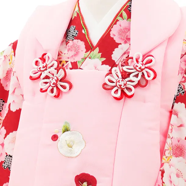 七五三(3歳女の子被布) 3217 ピンク 椿×赤地 桜 鞠 菊