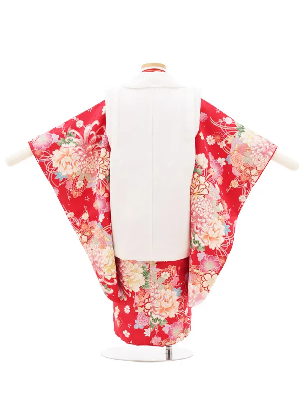 七五三(3歳女の子被布) 3222 白 鞠×赤地 桜 鞠 菊
