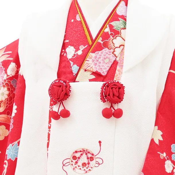 七五三(3歳女の子被布) 3222 白 鞠×赤地 桜 鞠 菊