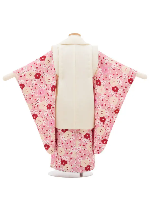 七五三(3歳女の子被布) 3224 オフホワイトちりめん×ピンク椿 梅