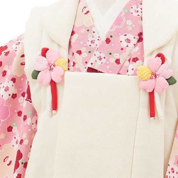七五三(3歳女の子被布) 3224 オフホワイトちりめん×ピンク椿 梅
