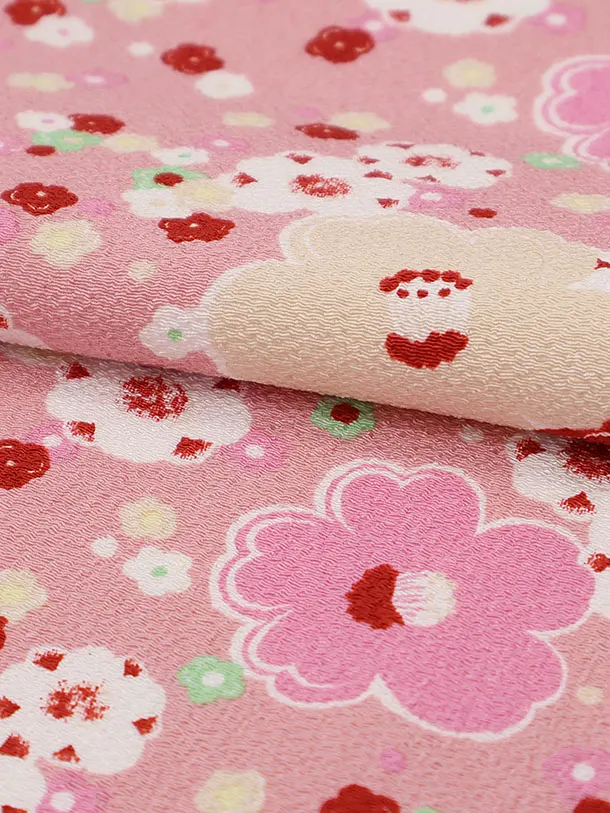 七五三(3歳女の子被布) 3224 オフホワイトちりめん×ピンク椿 梅