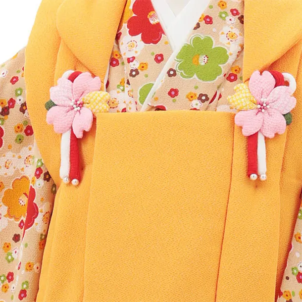 七五三(3歳女の子被布) 3227 からし ちりめん×ベージュ椿 梅