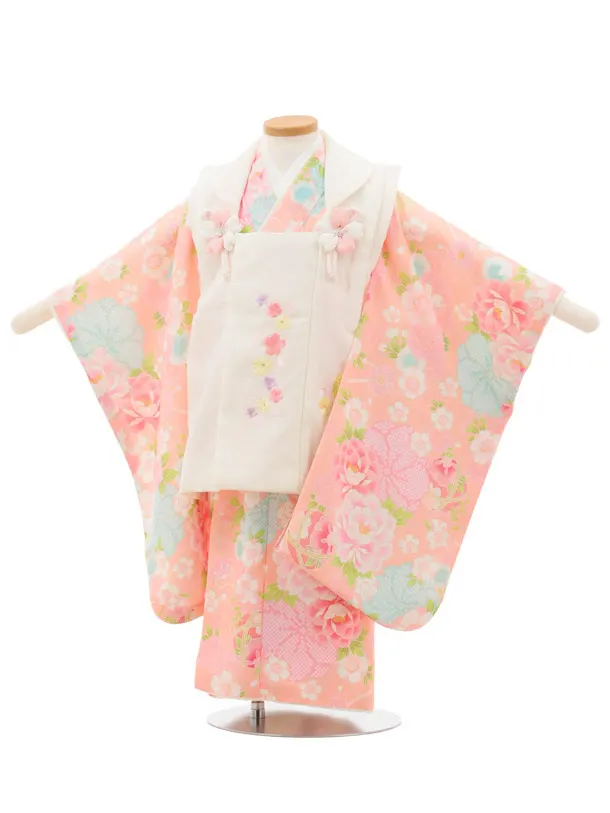 七五三(3歳女の子被布) 3235 式部浪漫 アイボリー刺繍花×ピンク桜 鞠