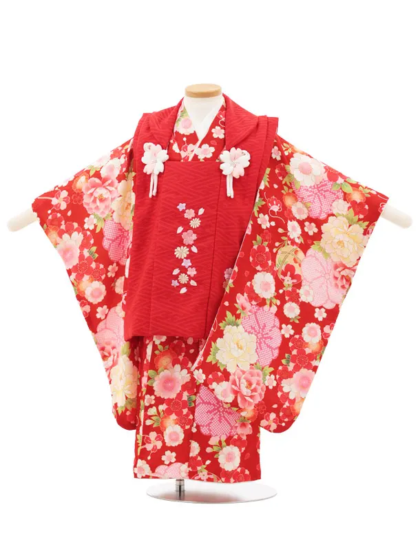 七五三(3歳女の子被布) 3236 式部浪漫 赤刺繍 花×赤 桜 鞠