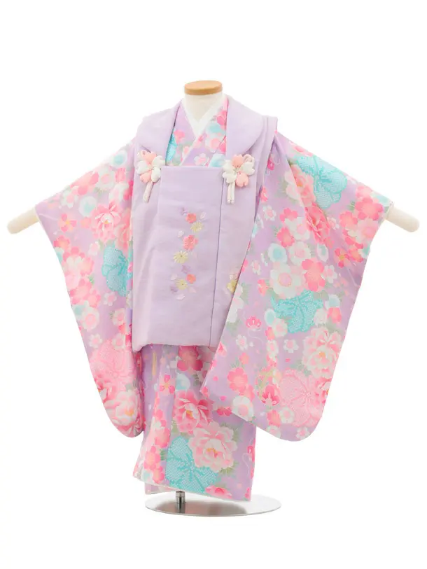 七五三(3歳女の子被布) 3237 式部浪漫 藤色刺繍 花×紫 桜 鞠