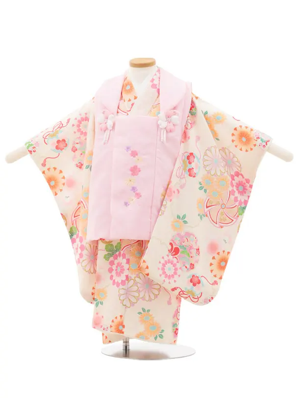 七五三(3歳女の子被布) 3238 式部浪漫 ピンク刺繍花×アイボリー雪輪