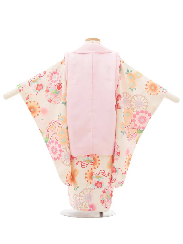 七五三(3歳女の子被布) 3238 式部浪漫 ピンク刺繍花×アイボリー雪輪