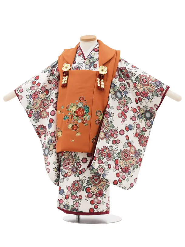 七五三(3歳女の子被布) 3241 オレンジ桜×白地 小花