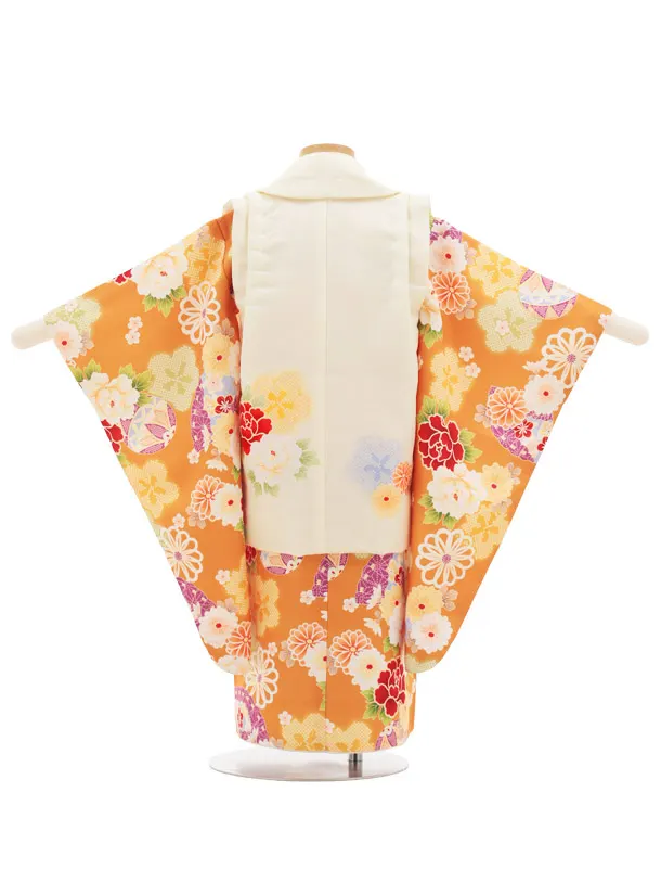 七五三(3歳女の子被布) 3246 薄黄色 鞠×オレンジ 牡丹 鞠