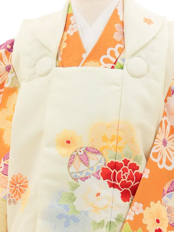七五三(3歳女の子被布) 3246 薄黄色 鞠×オレンジ 牡丹 鞠