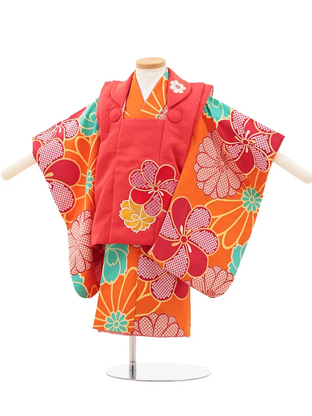 七五三(2歳女の子被布)A36A 花わらべ 赤×オレンジ梅菊