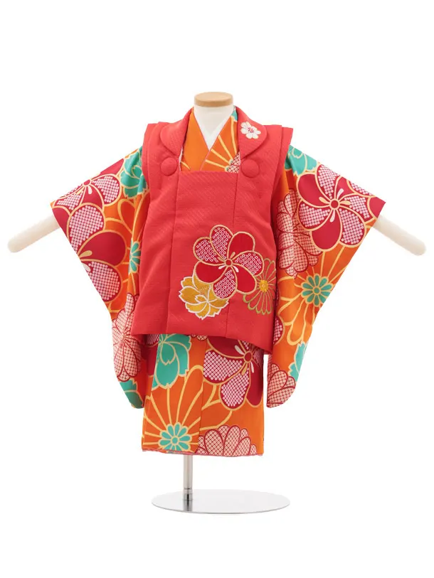 七五三(2歳女の子被布)A36A 花わらべ 赤×オレンジ梅菊