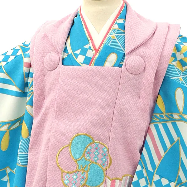 七五三(3歳女の子)A36B/ピンク 梅 笹×水色地 梅 笹