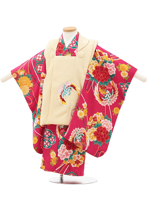 七五三(3歳女の子被布)A36C 花わらべ薄黄色刺繍鶴×ピンク鶴