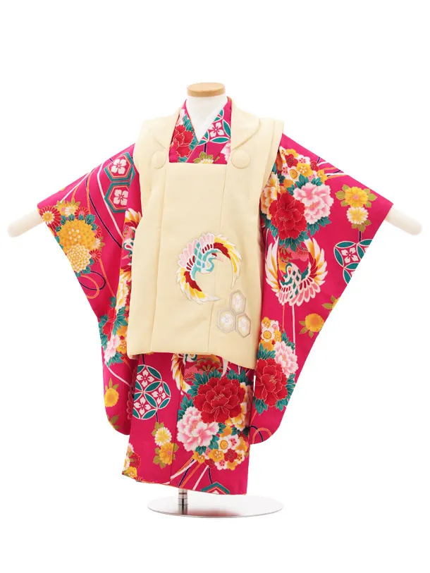 七五三(3歳女の子被布)A36C 花わらべ薄黄色刺繍鶴×ピンク鶴