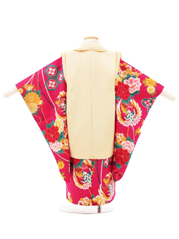 七五三(3歳女の子被布)A36C 花わらべ薄黄色刺繍鶴×ピンク鶴