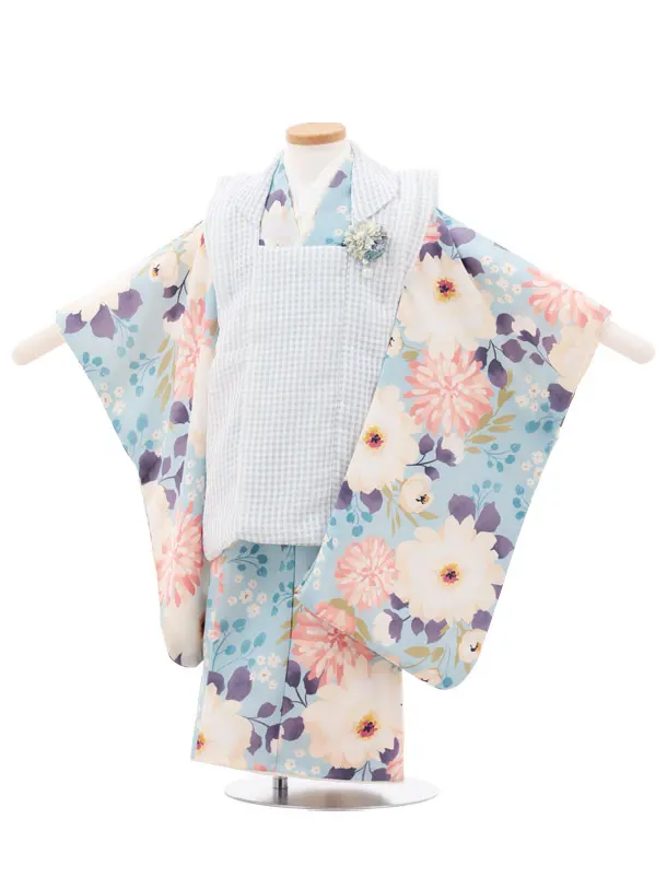 七五三(3歳女の子被布)A36D 花わらべ水色チェック×水色 花
