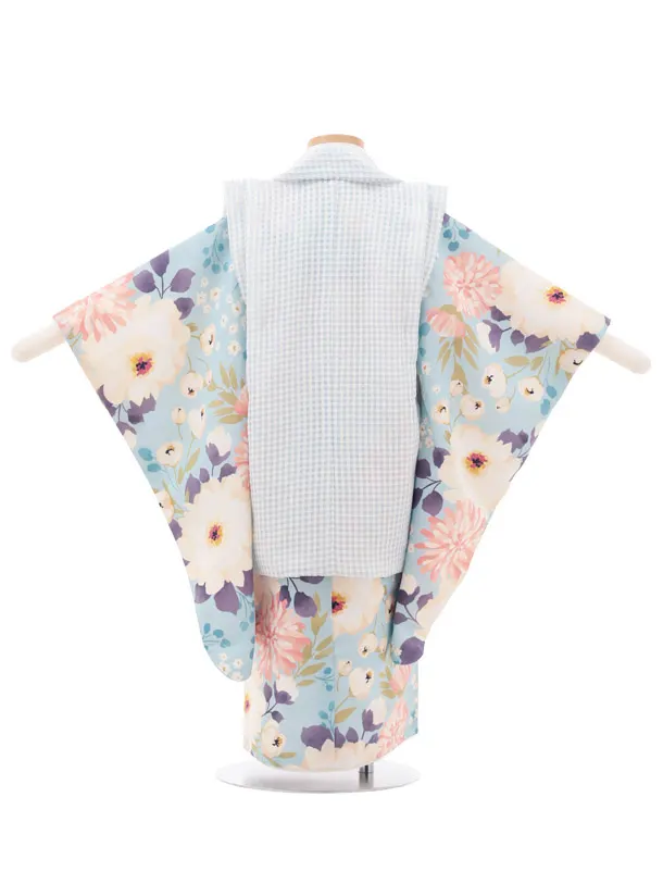 七五三(3歳女の子被布)A36D 花わらべ水色チェック×水色 花