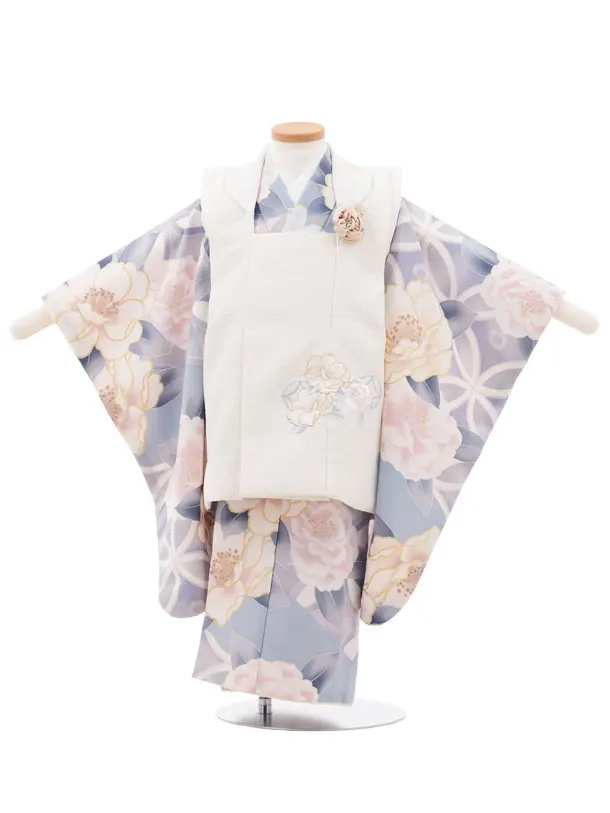 七五三(3歳女の子被布)A36E  クリーム×ブルーグレー大花