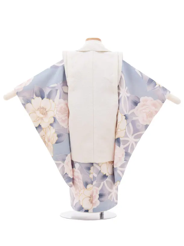 七五三(3歳女の子被布)A36E  クリーム×ブルーグレー大花