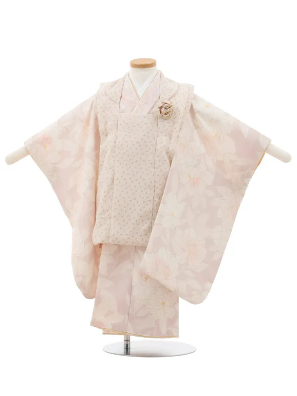 七五三(3歳女の子被布)A36F ベージュ×ピンクベージュ大花