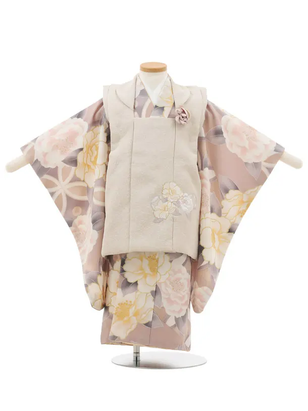 七五三(3歳女の子被布)A36Gベージュ×ピンクベージュ大花