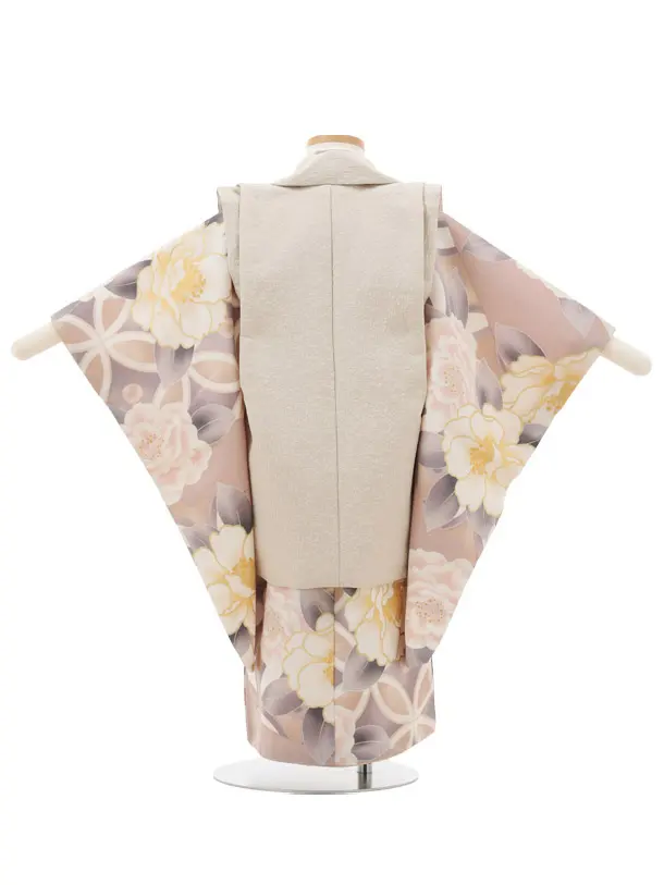 七五三(3歳女の子被布)A36Gベージュ×ピンクベージュ大花