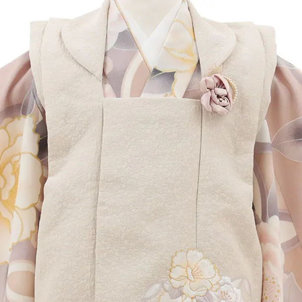 七五三(3歳女の子被布)A36Gベージュ×ピンクベージュ大花