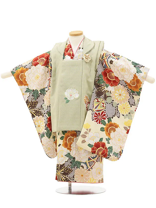 七五三(3歳女の子被布) A36K くすみグリーン八重桜×クリーム古典