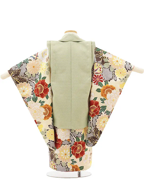 七五三(3歳女の子被布) A36K くすみグリーン八重桜×クリーム古典