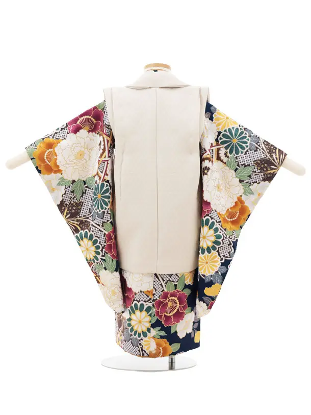 七五三(3歳女の子被布)A36Mうすベージュ×紺色 花