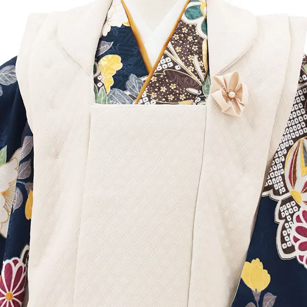 七五三(3歳女の子被布)A36Mうすベージュ×紺色 花