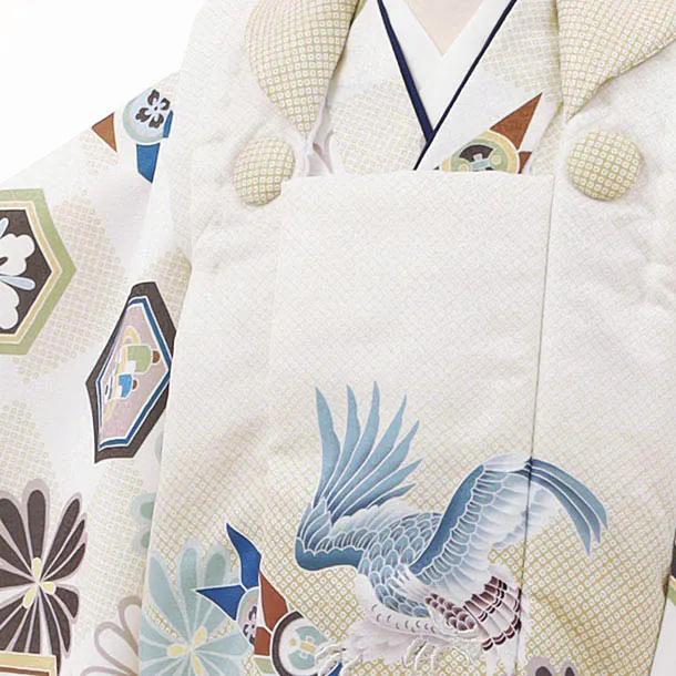 RENCA(2歳男児被布)2002金ぼかし 矢羽に鷹x白 市松 亀甲紋