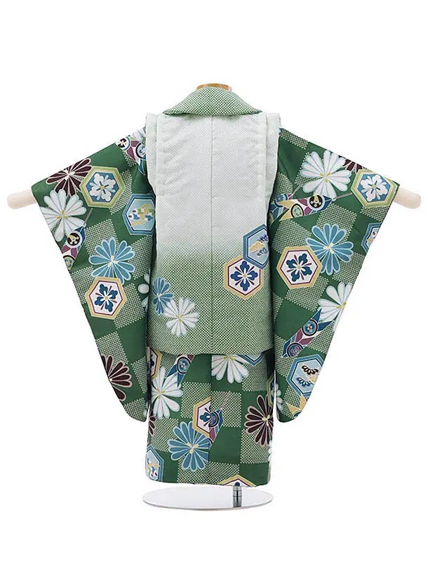 RENCA(2歳男児被布)2003緑ぼかし 矢羽に鷹x緑 市松 亀甲紋