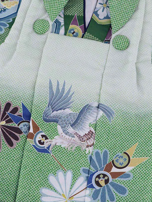 RENCA(2歳男児被布)2003緑ぼかし 矢羽に鷹x緑 市松 亀甲紋