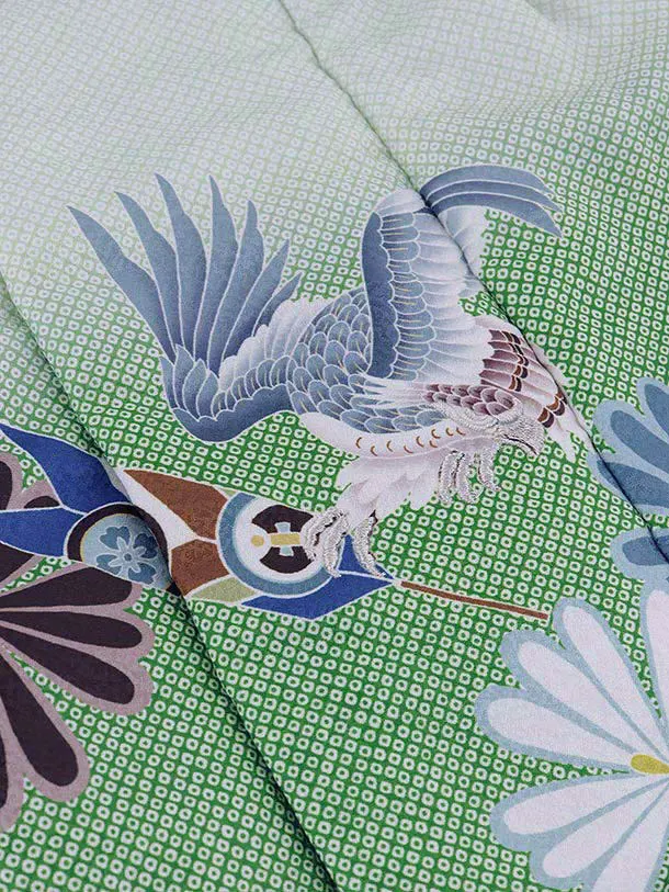 RENCA(2歳男児被布)2003緑ぼかし 矢羽に鷹x緑 市松 亀甲紋