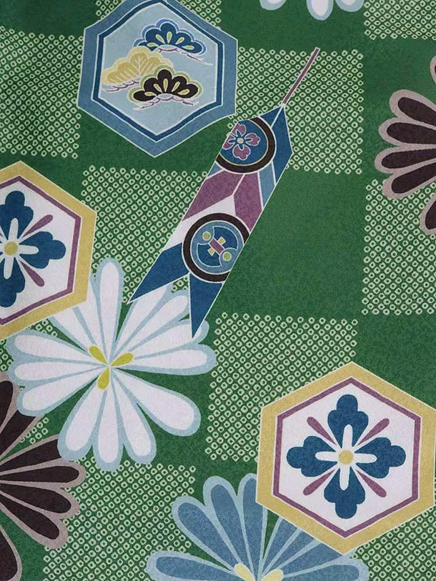 RENCA(2歳男児被布)2003緑ぼかし 矢羽に鷹x緑 市松 亀甲紋