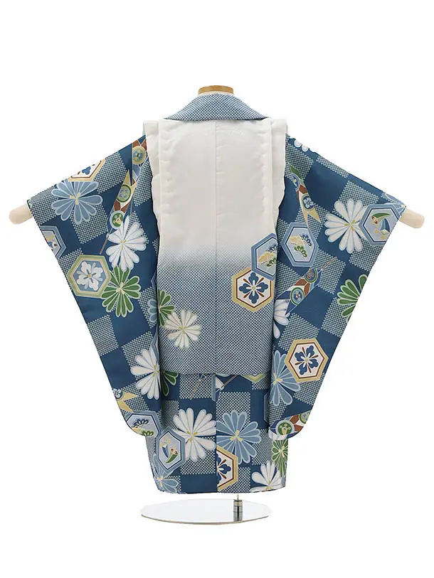 RENCA(3歳男児被布)3001青ぼかし 矢羽に鷹x青 市松 亀甲紋