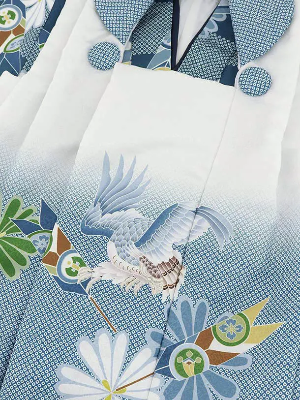 RENCA(3歳男児被布)3001青ぼかし 矢羽に鷹x青 市松 亀甲紋