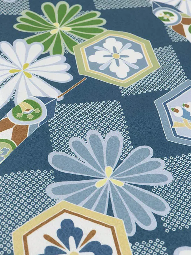 RENCA(3歳男児被布)3001青ぼかし 矢羽に鷹x青 市松 亀甲紋