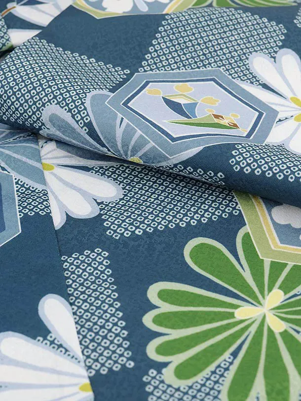 RENCA(3歳男児被布)3001青ぼかし 矢羽に鷹x青 市松 亀甲紋