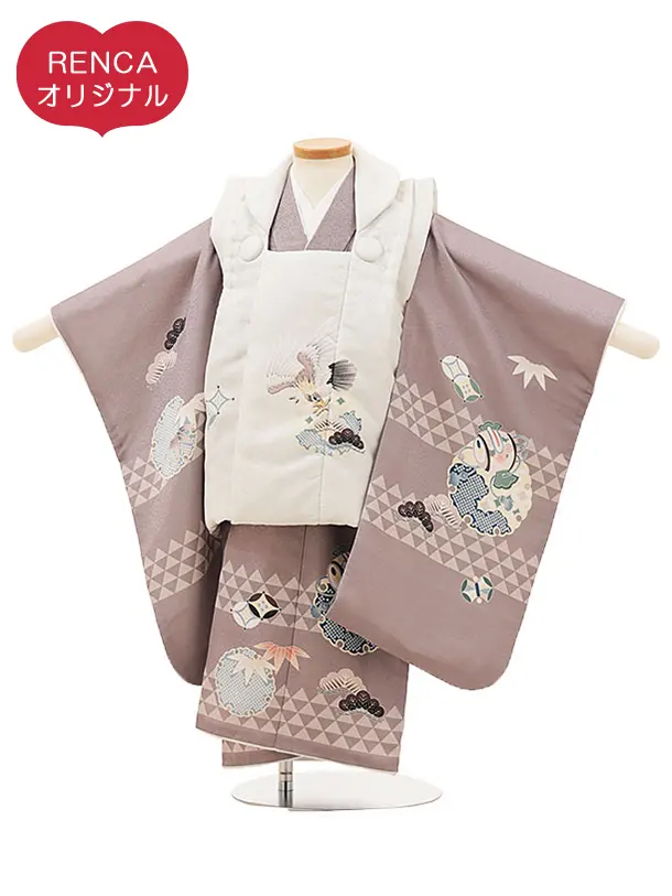 RENCA(3歳男児被布)3009オフホワイト 鷹x薄あずき 雪輪 鱗