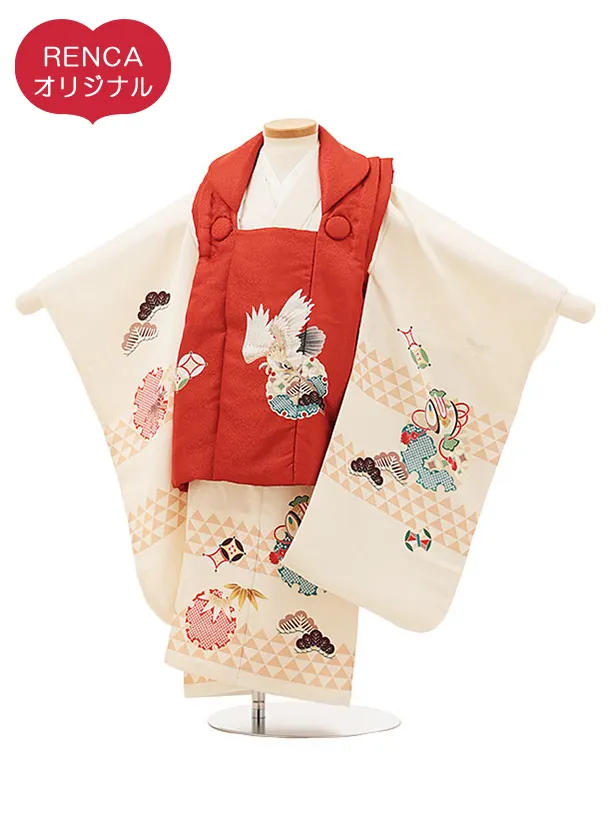RENCA(3歳男児被布)3010朱赤 鷹xクリーム 雪輪 鱗