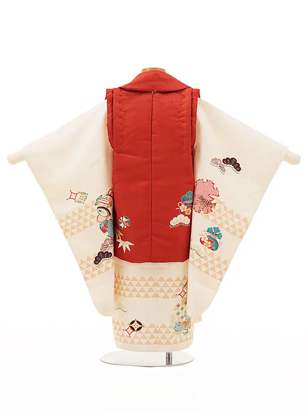 RENCA(3歳男児被布)3010朱赤 鷹xクリーム 雪輪 鱗