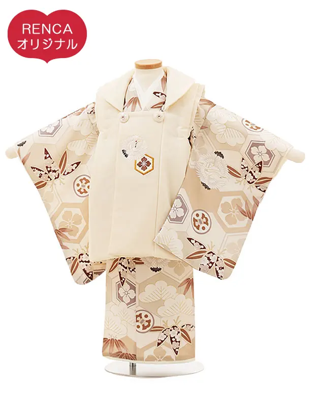 RENCA(3歳男児被布)3011ベージュx生成ベージュ 松竹梅亀甲紋