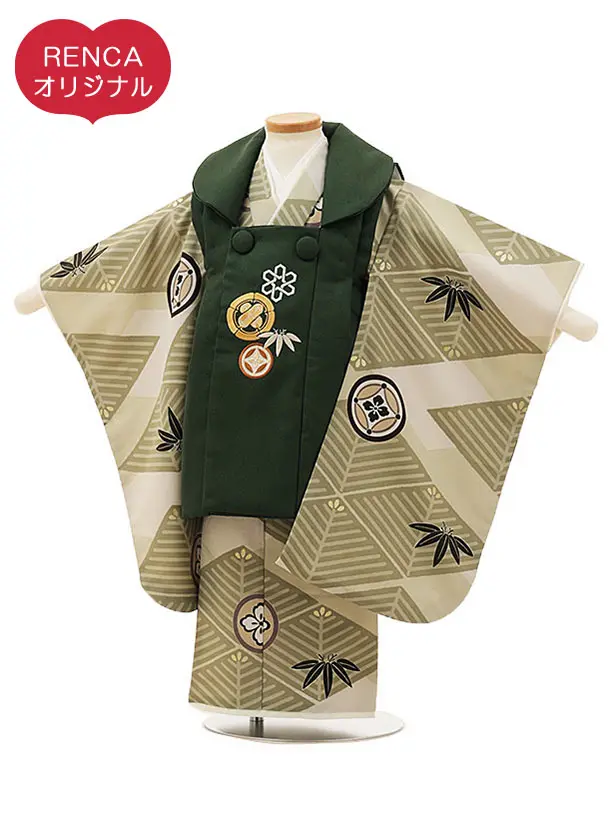 RENCA(3歳男児被布)3015緑xモスグレイ 菱文様に紋