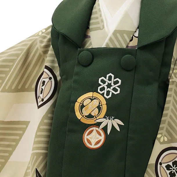 RENCA(3歳男児被布)3015緑xモスグレイ 菱文様に紋