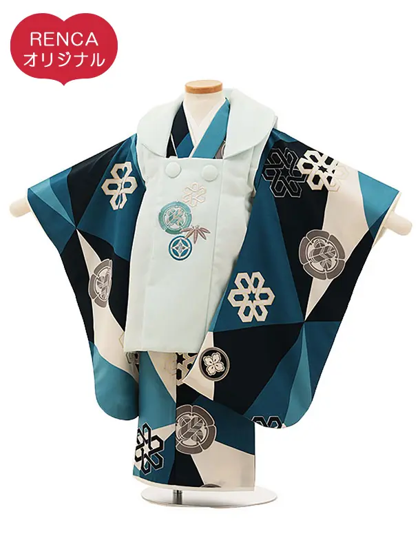 RENCA(3歳男児被布)3018薄水色xターコイズ白 変わり柄 紋