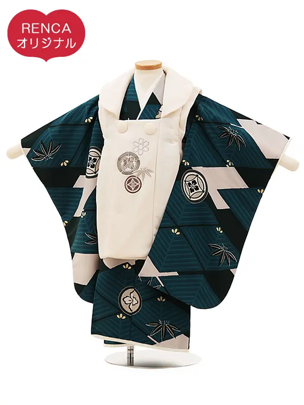RENCA(3歳男児被布)3022ベージュxターコイズブルー 菱文様に紋